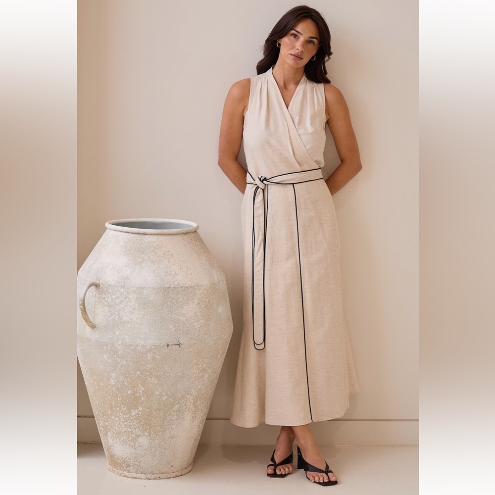 Brave+True Linen Blend Elegant Cream Wrap Dress